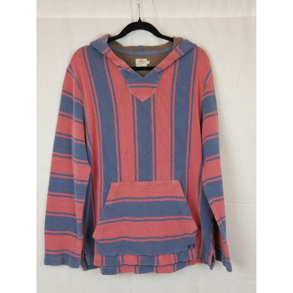 Faherty Hoodie Mens L Red Blue Striped Cascade Baja Surf Drug Rug Sweater